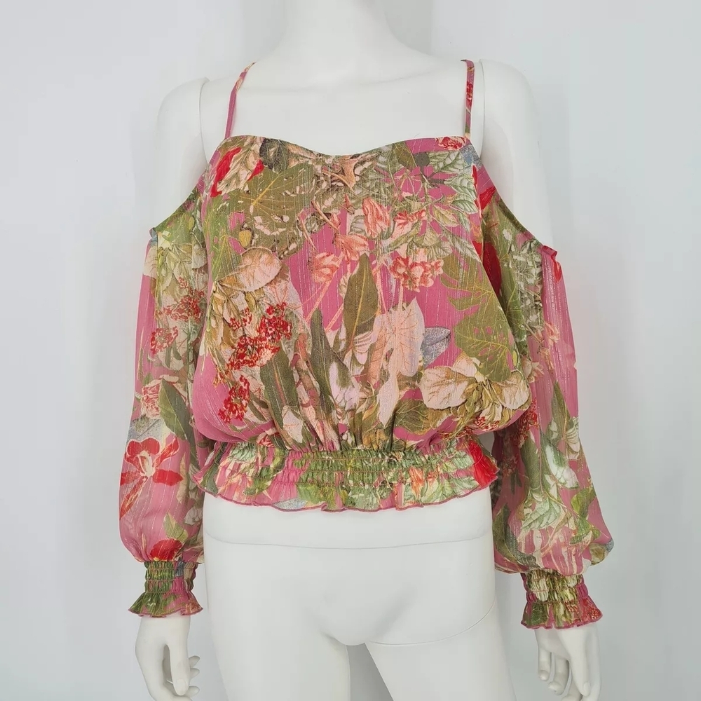 🎀 Guess Ashton Pink & Green Tropical Cold Shoulder Blouse W/Metallic Threads 🎀